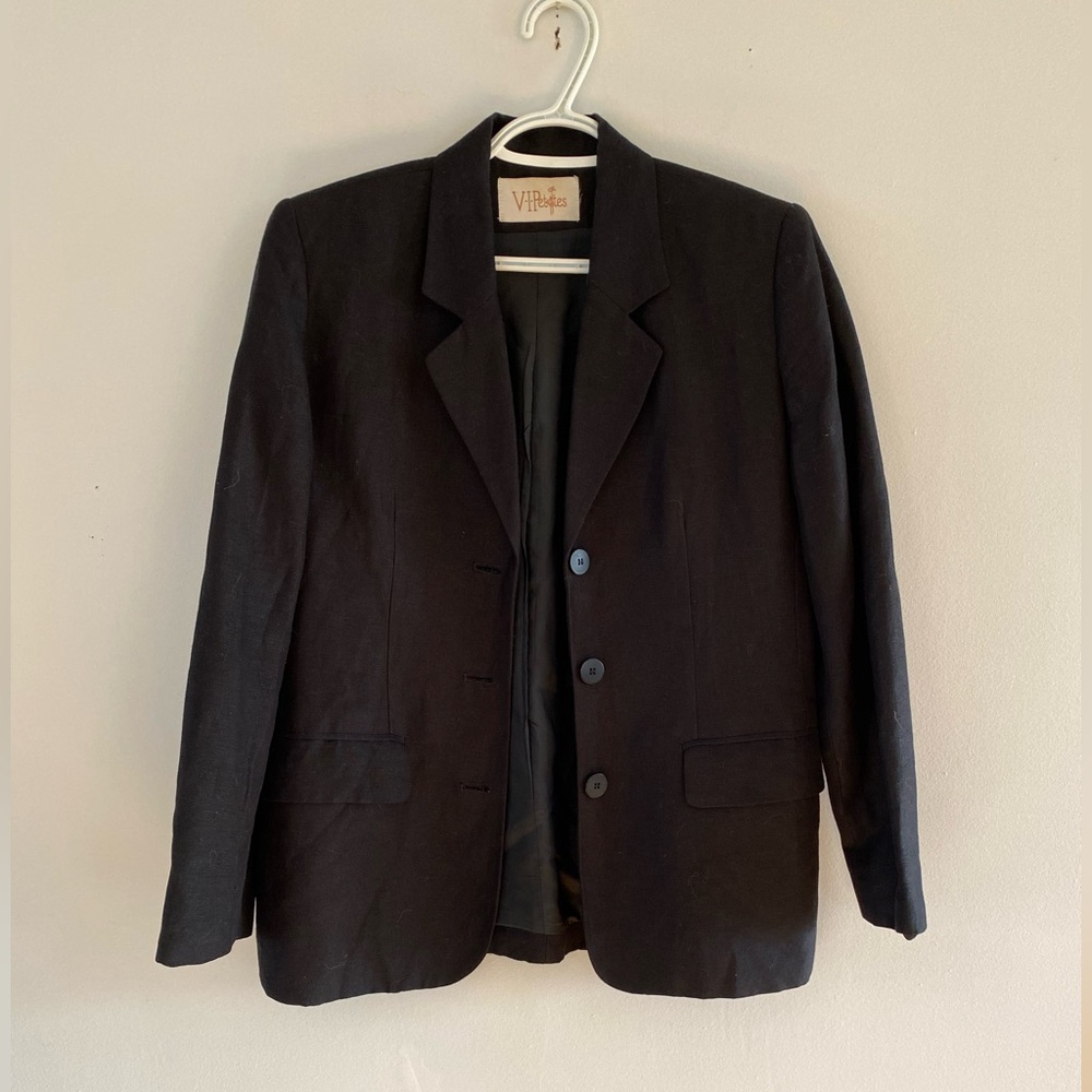 Vintage 80s Linen Blend Classic Black Blazer - S-M